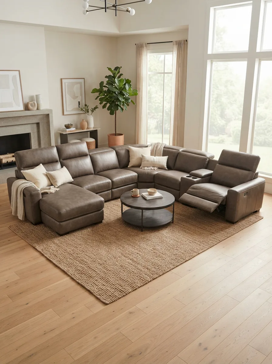 The Lauretta 6-piece leather sectional in a contemporary living room with power headrests.
