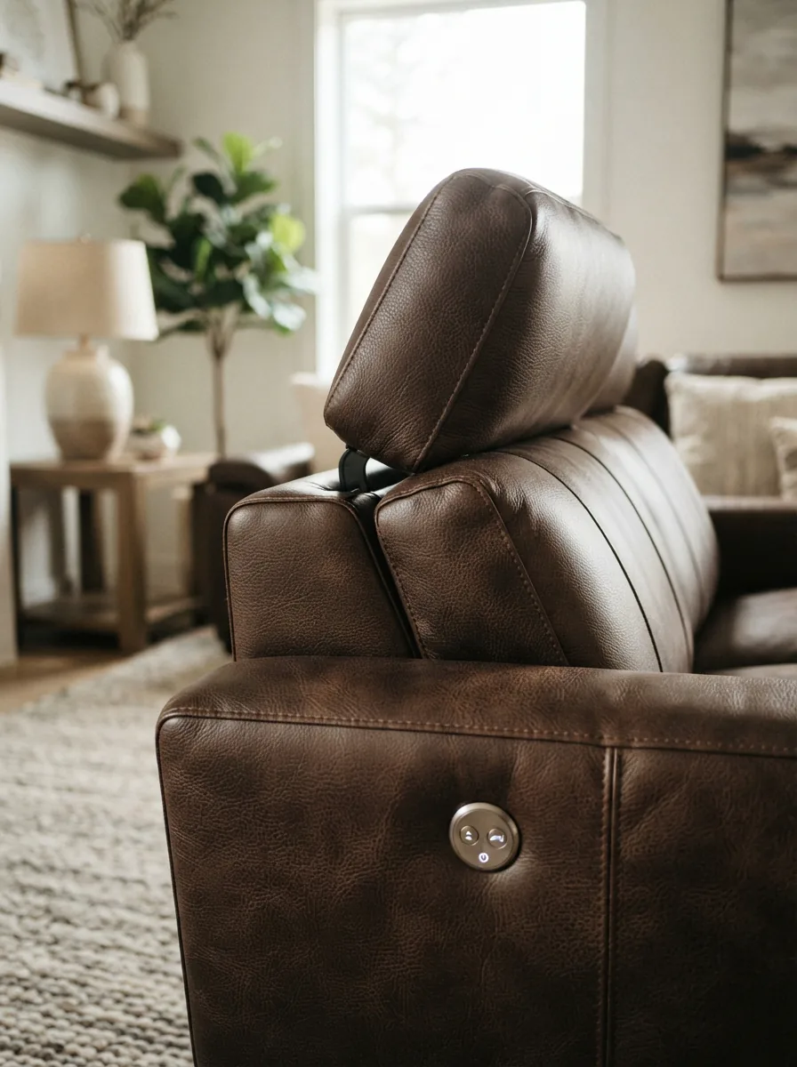 Shayne leather power recliner with power headrest in a living room