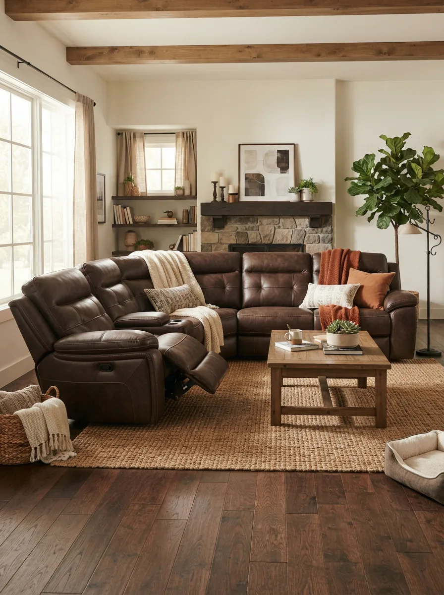 A cozy living room featuring a Gilman Creek leather power reclining sectional as the centerpiece.