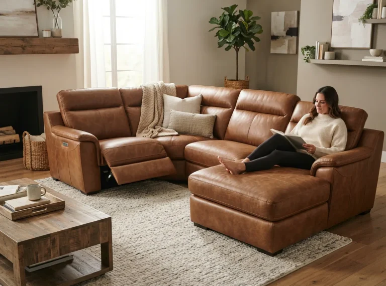The Gilman Creek 5-piece sectional with chaise lounge and power lumbar in a comfortable living space.