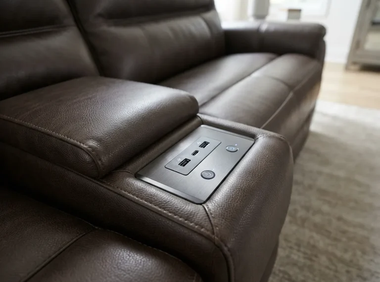 Gilman Creek leather power reclining sectional with visible USB charging ports on the console.