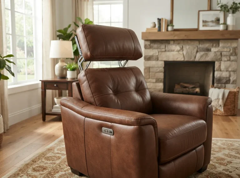 Glendale leather power recliner with adjustable headrest in a cozy setting